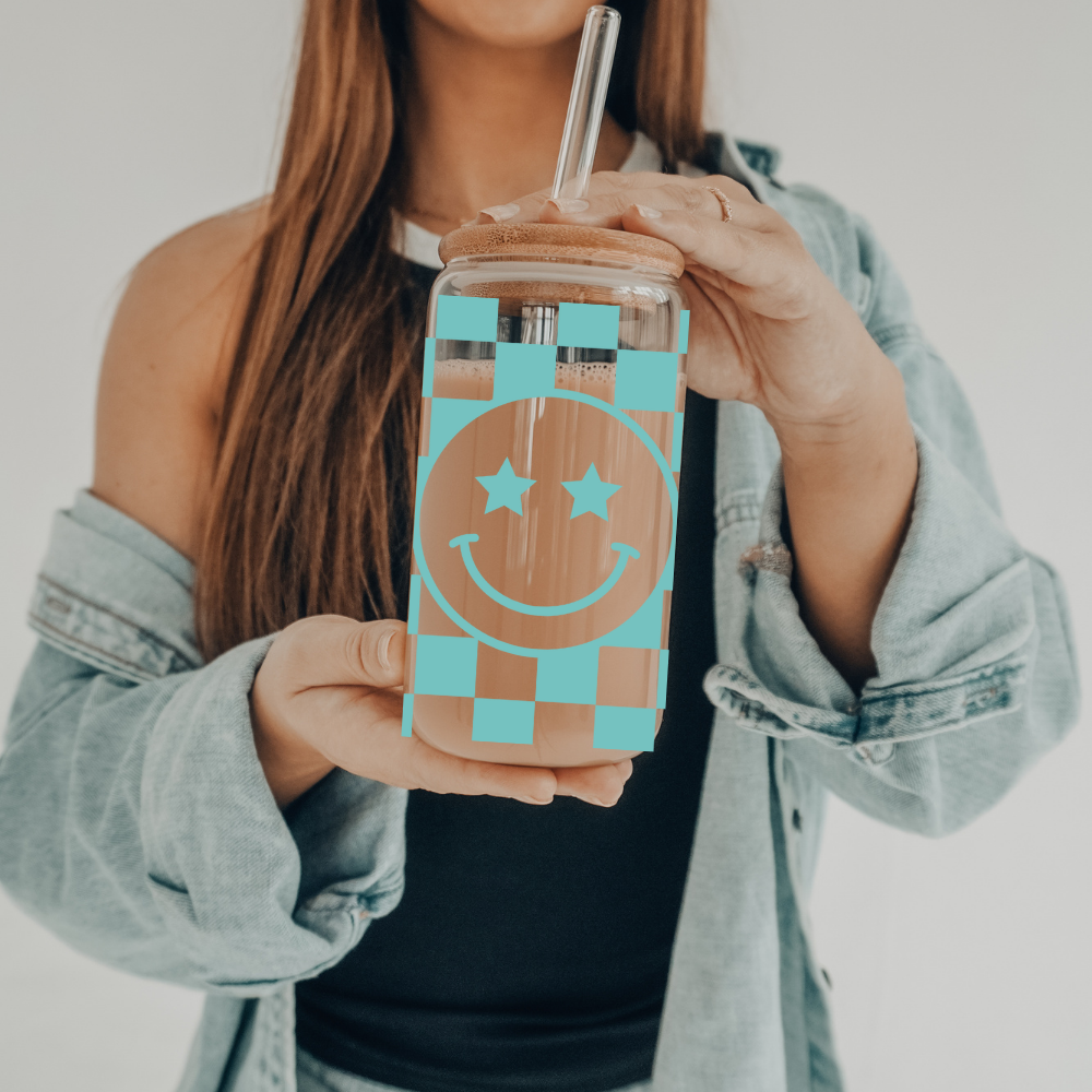 SKS Design Studio - Wholesale Drinking Glass/Cup - Checkered Smiley | UVDTF | 20 oz Libbey Can Glass with Bamboo Lid & Straw6