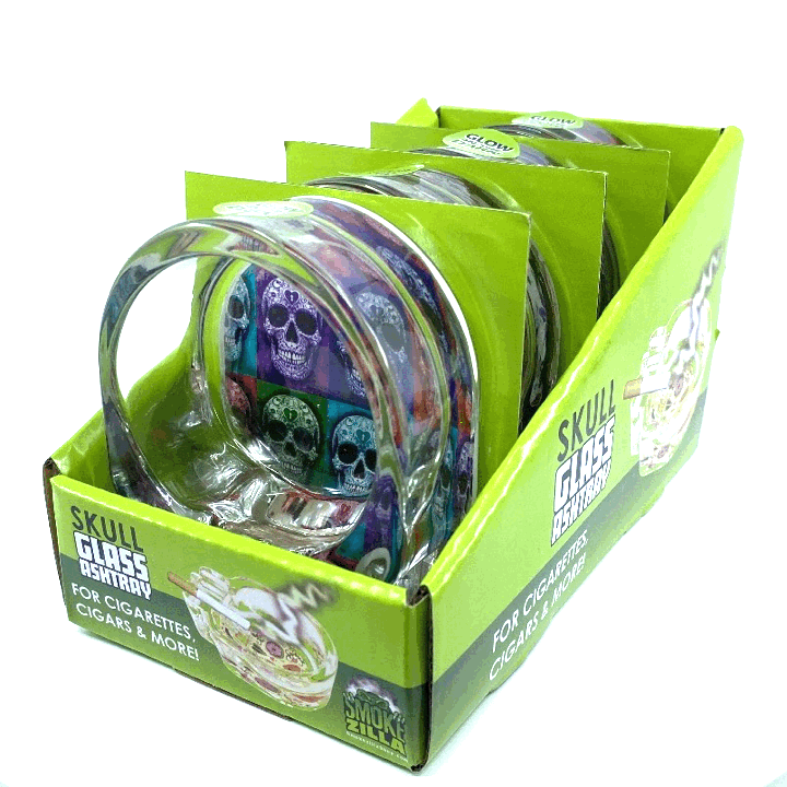 Novelty Brands - Wholesale Ashtray - Smokezilla Skull Shaped Glass Ashtray Assortment - 4/Display2