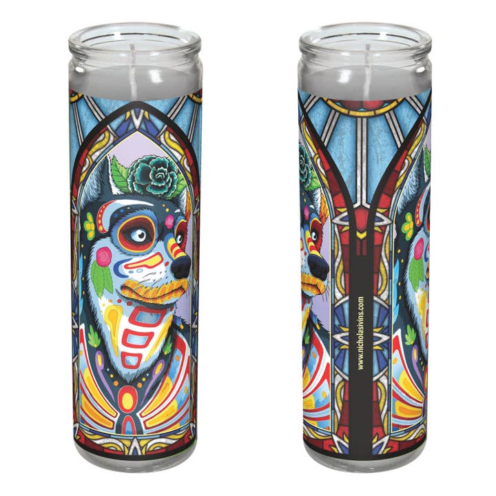 Day of the Dead Dog Husky Candle - "Norteño" for wholesale by Nicholas Ivins Art & Illustration