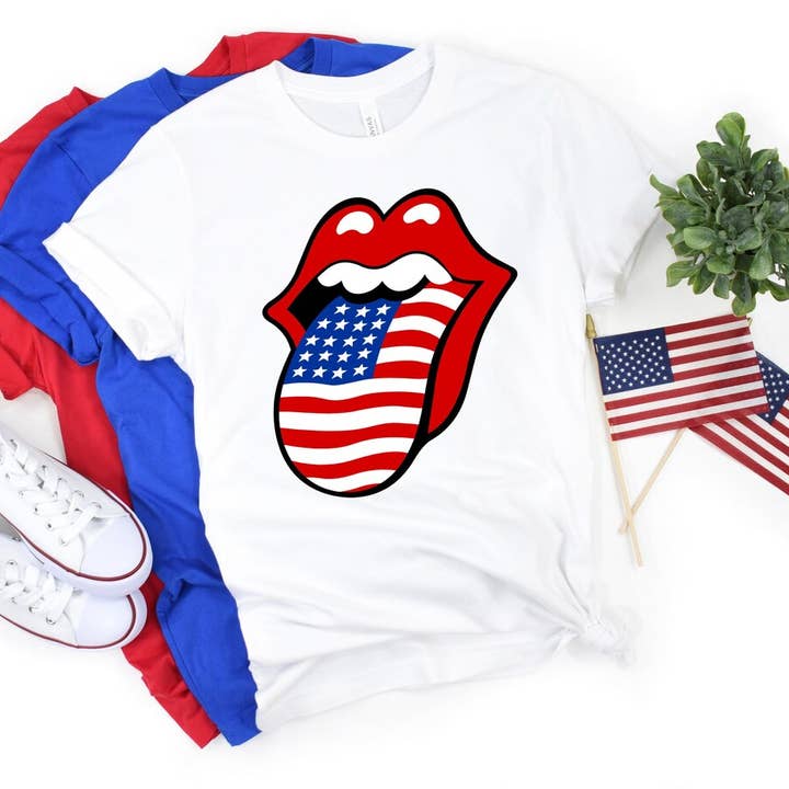 4 juli Lips Tongue America tee shirt tshirt dag for engroshandel hos The Candy Collections