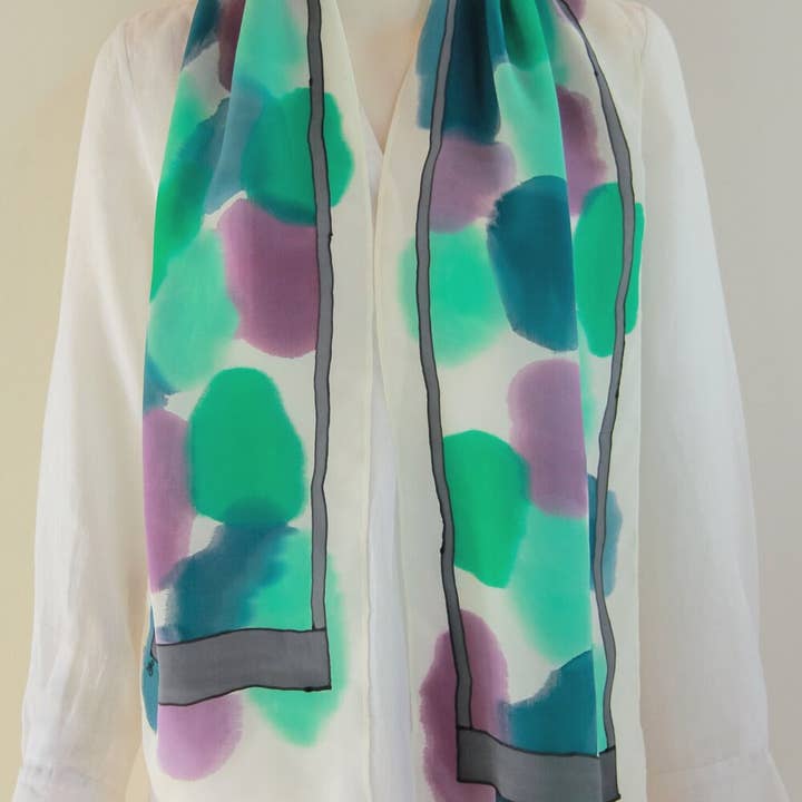 Blueberry Mint Sorbet Hand-Painted Silk Scarf for wholesale on Faire