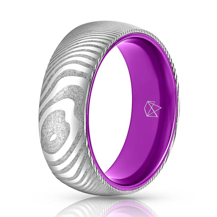 Wood Grain Damascus Steel Ring - Resilient Purple for wholesale by EMBR