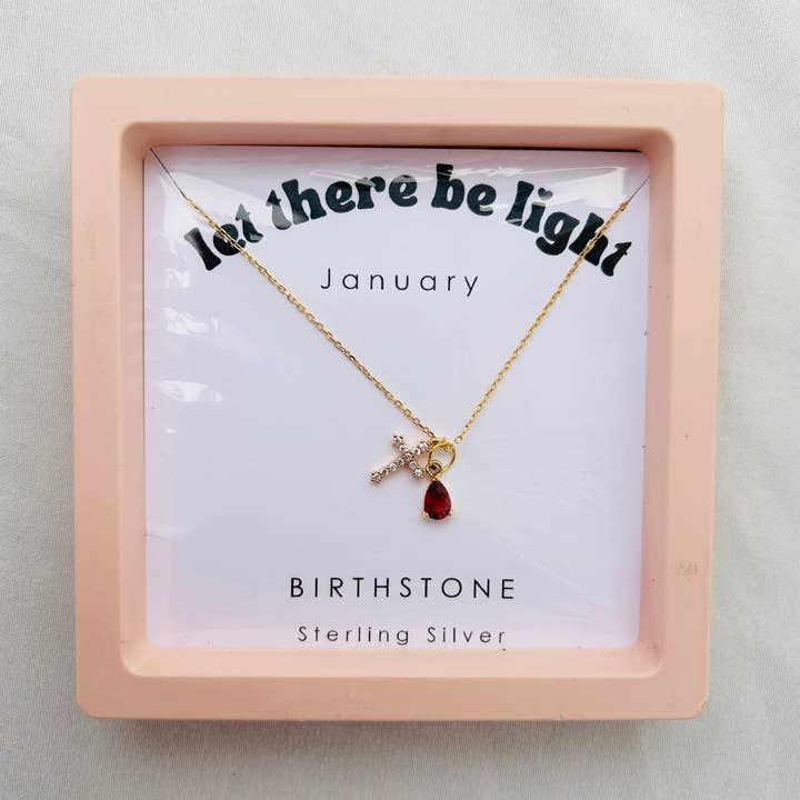 Collier croix en argent sterling 925 avec pierre de naissance plaqué or 18 carats pour la vente par Let There be Light, Inc