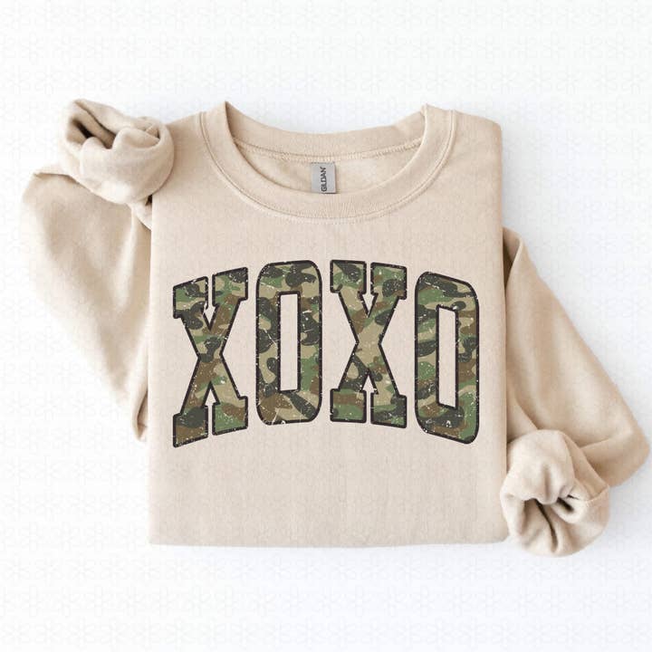 XOXO Camo Sweatshirt for wholesale by Dig Your Roots Boutique