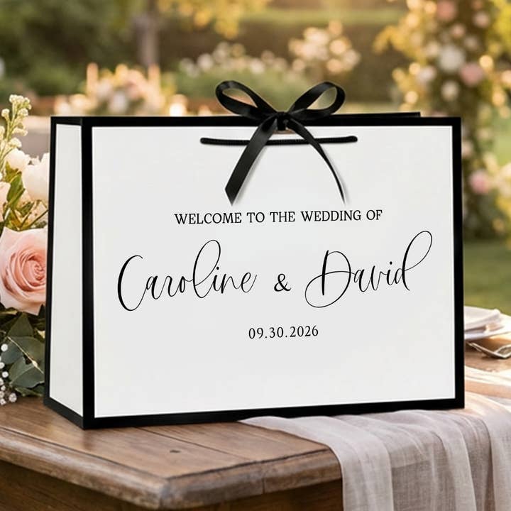 Custom Wedding Welcome Handle Gift Bags White Elegant & Bow for wholesale by Wrapaholic Gifts & Packing Company