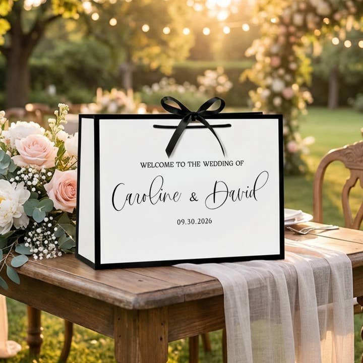 Custom Wedding Welcome Handle Gift Bags White Elegant & Bow for wholesale by Wrapaholic Gifts & Packing Company