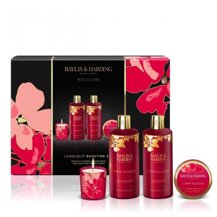 Beauty Goddess - Wholesale Bath & Body Set - Baylis & Harding Boudoire Cherry Blossom Luxury Candlelit Bathing Gift Set - Vegan Friendly