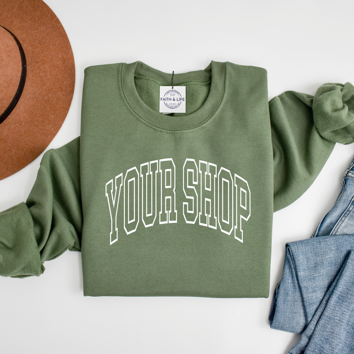 Faith & Life Christian Brands - Wholesale Graphic Sweatshirt - Women's - Custom Shop Name Varsity Letter Local Spirit Sweatshirt1