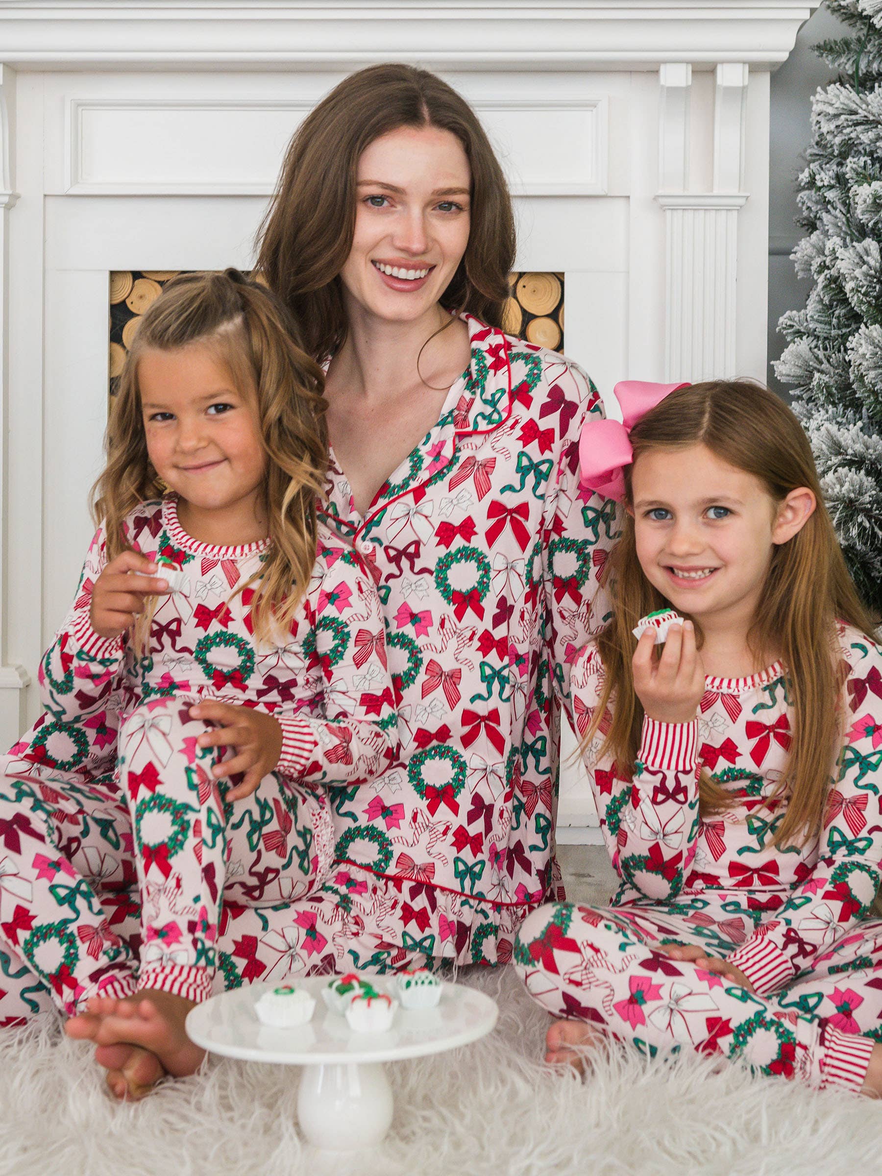 Pink SoftSnooze™ Girls Bamboo Viscose Holly Bows Ruffle Long Sleeve Pajama Set for wholesale on Faire5
