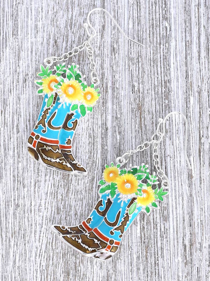 Sunflowers & Cowboy Boots Chain Hook Dangle Earrings for wholesale by SP Sophia Collection