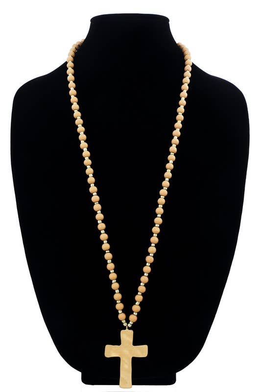 Urbanista - Wholesale Pendant/Charm Necklace - Wood Beaded Necklace with Hammered Cross Pendant5