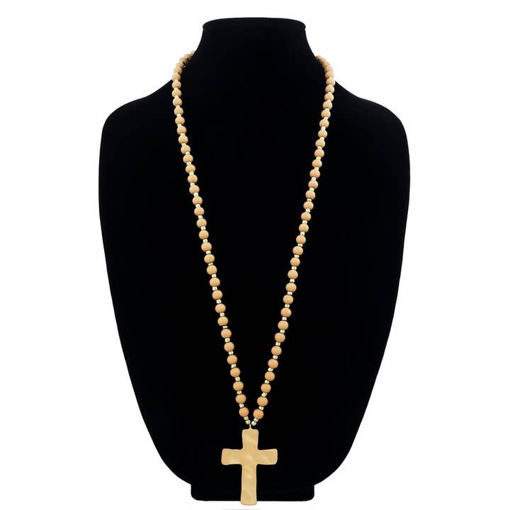 Urbanista – Colar pingente/pendente por atacado – Colar de Contas de Madeira com Pendente de Cruz Martelada5