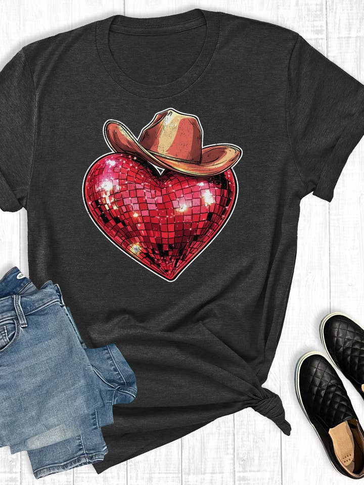 Charcoal Western Valintine Disco Heart Graphic Tee for wholesale on Faire