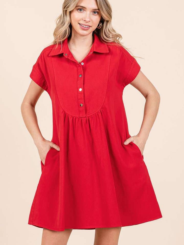 mittoshop - Wholesale Dress - Women's - TWILL SHORT SLEEVE COLLARED MINI DRESS