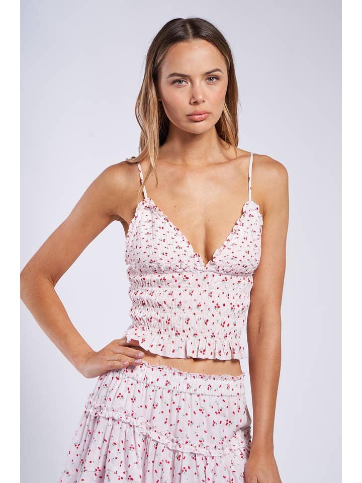CHERRY PRINT SWEETHEART SMOCKED BODY CROP TOP for wholesale on Faire
