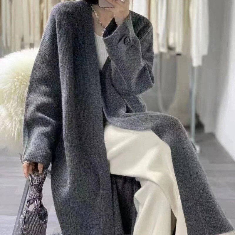 FurDecoration - Vendita all'ingrosso Cardigan - Donna - Cardigan a maglia lunga in lana di pecora oversize in tinta unita alla moda4