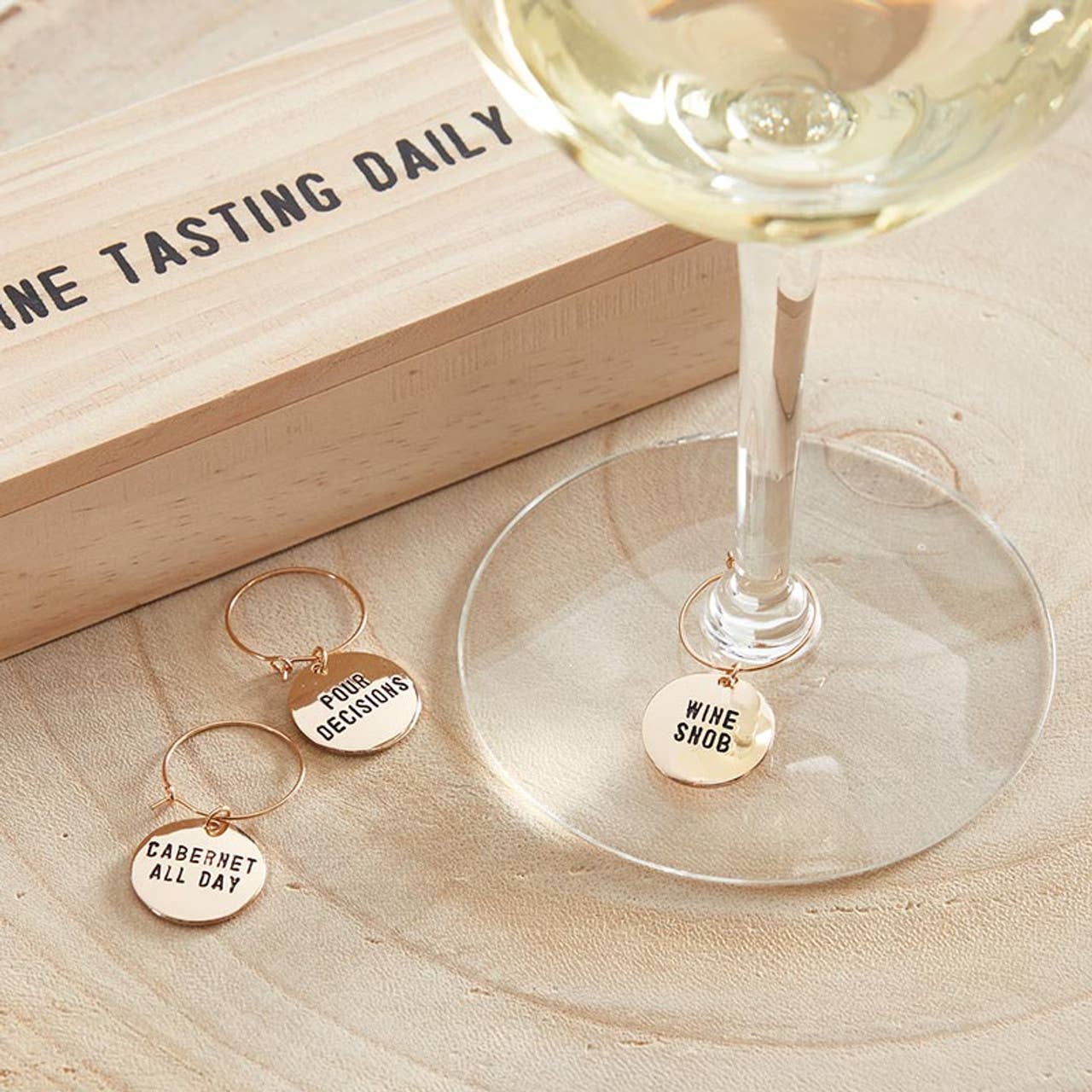 Santa Barbara Design Studio by Creative Brands - Wholesale Wine Charm - Gold Wine Charms in Pine Box - Wine Tasting Daily2