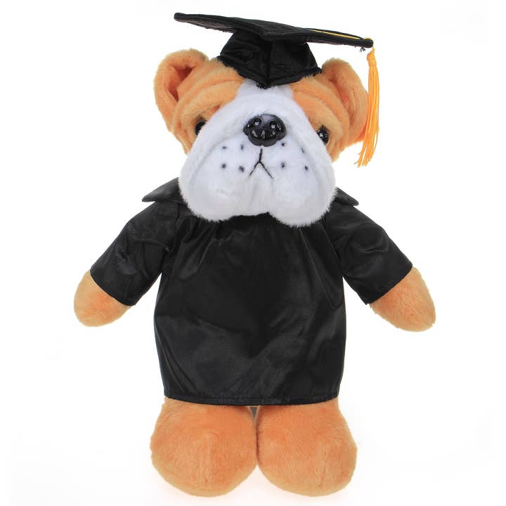 Plushland - Vente Peluche – enfant et bébé - Bulldog en peluche personnalisable de 11" avec toque et toge de remise de diplôme0