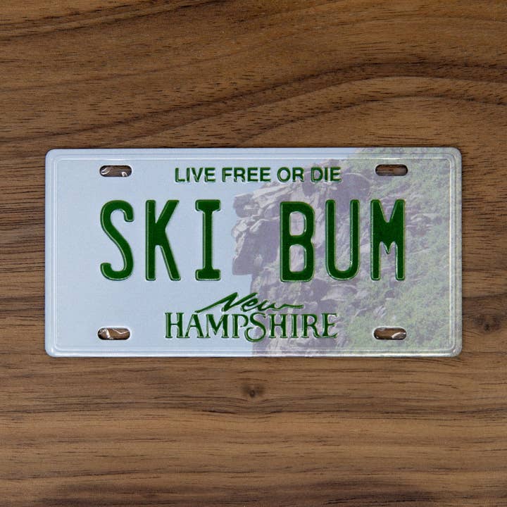 SKI BUM - New Hampshire License Plate Magnet for wholesale by Ski House Games
