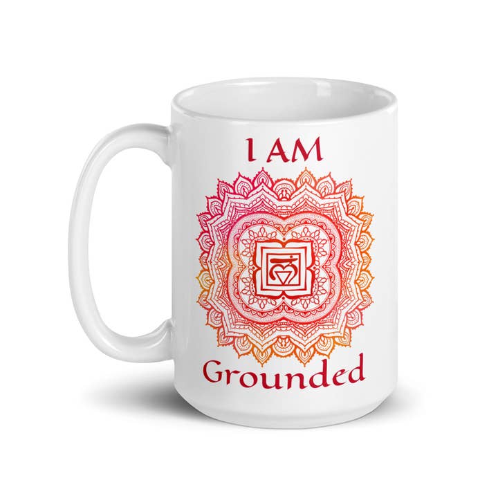 I AM Grounded ~ Root Chakra Mandala Coffee Mug 15 Oz. for wholesale by Goddess Swag™
