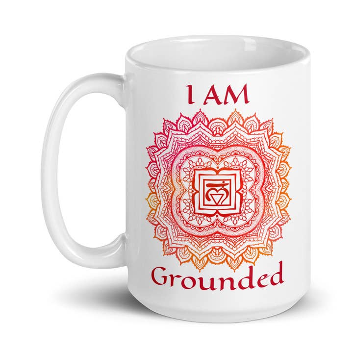 I AM Grounded ~ Root Chakra Mandala Coffee Mug 15 Oz. for wholesale by Goddess Swag™