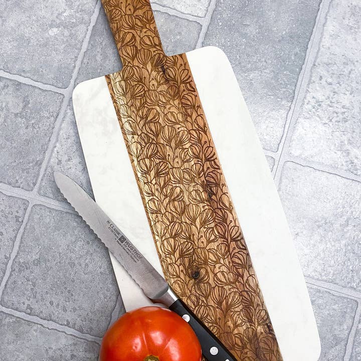 Mallow Flower White Marble and Wood Serving Tray for wholesale by Wilkerson Handmade