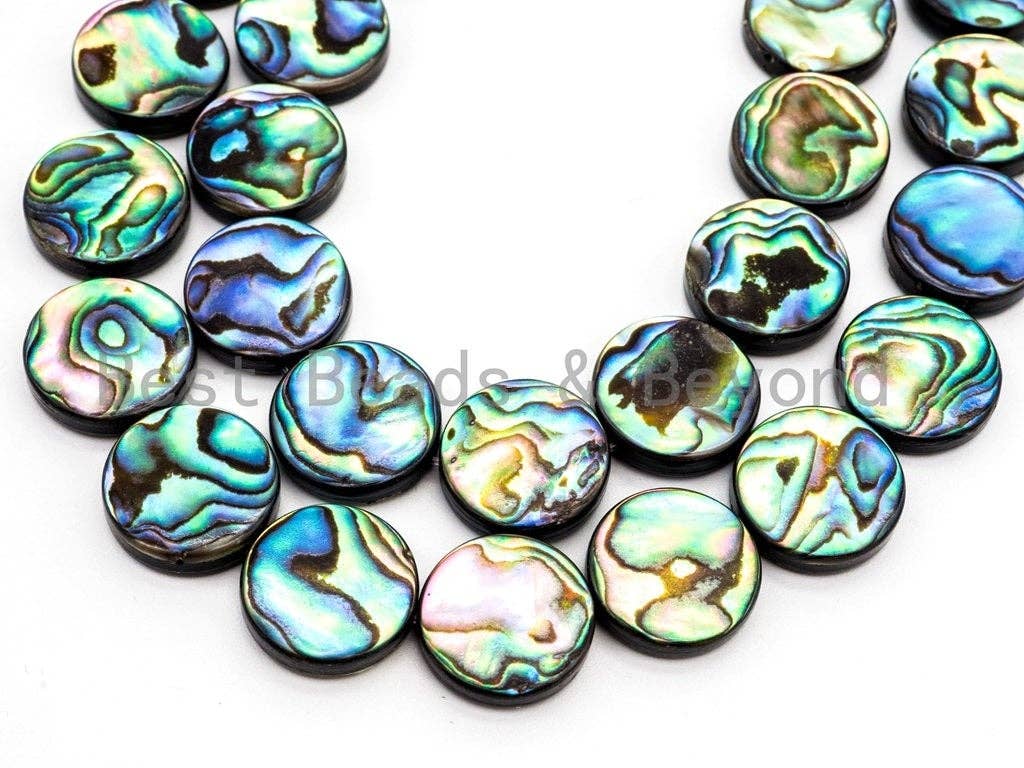 BestBeads&Beyond - Wholesale Beads - 8mm/10mm/12mm/14mm Natural Abalone Flat Coin Shell beads, Wholesale Gemstone Beads, Round Smooth Coin Abalone Beads, 16inch strand,SKU#R24