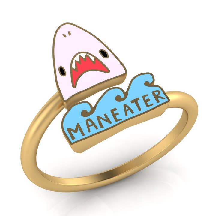 Yellow Owl Workshop - Vendita all'ingrosso Anelli cocktail/statement - Anello regolabile Maneater Shark - Gioielli dorati in oro 18 carati0