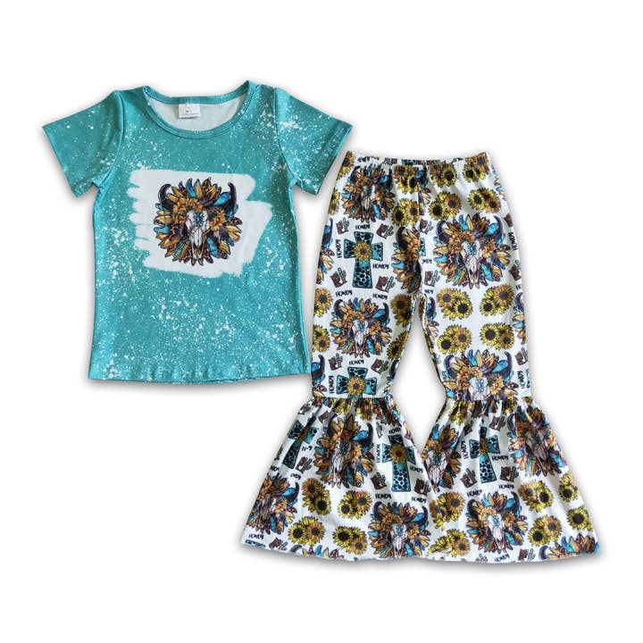 Yawoo Garments - Wholesale Top & Pant Set - Kids - Bull skull sunflower shirt pants girls clothes