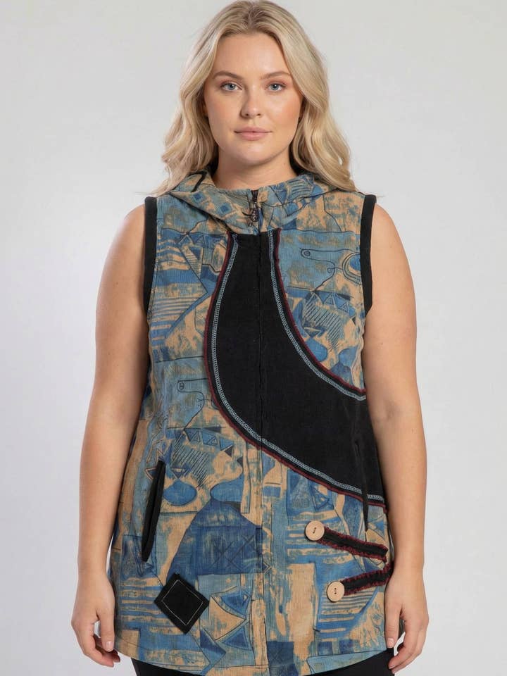 Colete sem mangas de veludo cotelê azul tamanho grande (A705) por atacado de Pomme Rouge Paris