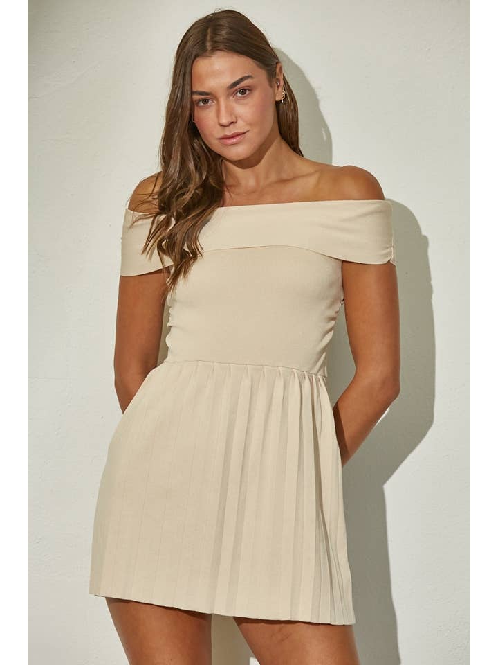Edit by Nine - Wholesale Dress - Women's - Off Shoulder Ribbed Knit Pleated Mini Dress
