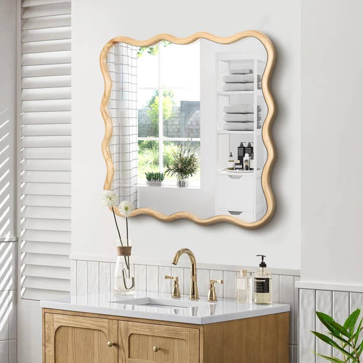 Orange County Decor - Wholesale Wall Mirror - Solid Wood Wavy Square Mirror Natural Wood 36" X 36" Modern Mirror Wall Decor For Bathroom, Bedroom, Living Room, Dining Room, Cloakroom, Entryway Natural Wood Glass Solid Wood1