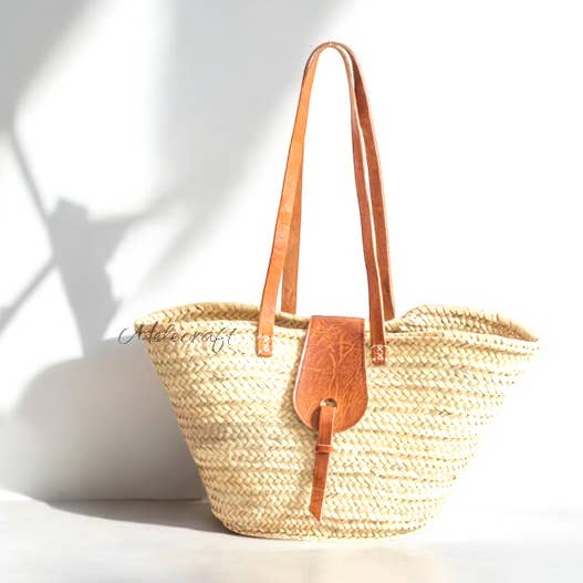 French Market Basket with Leather Handles and Flap for wholesale by Melecraft