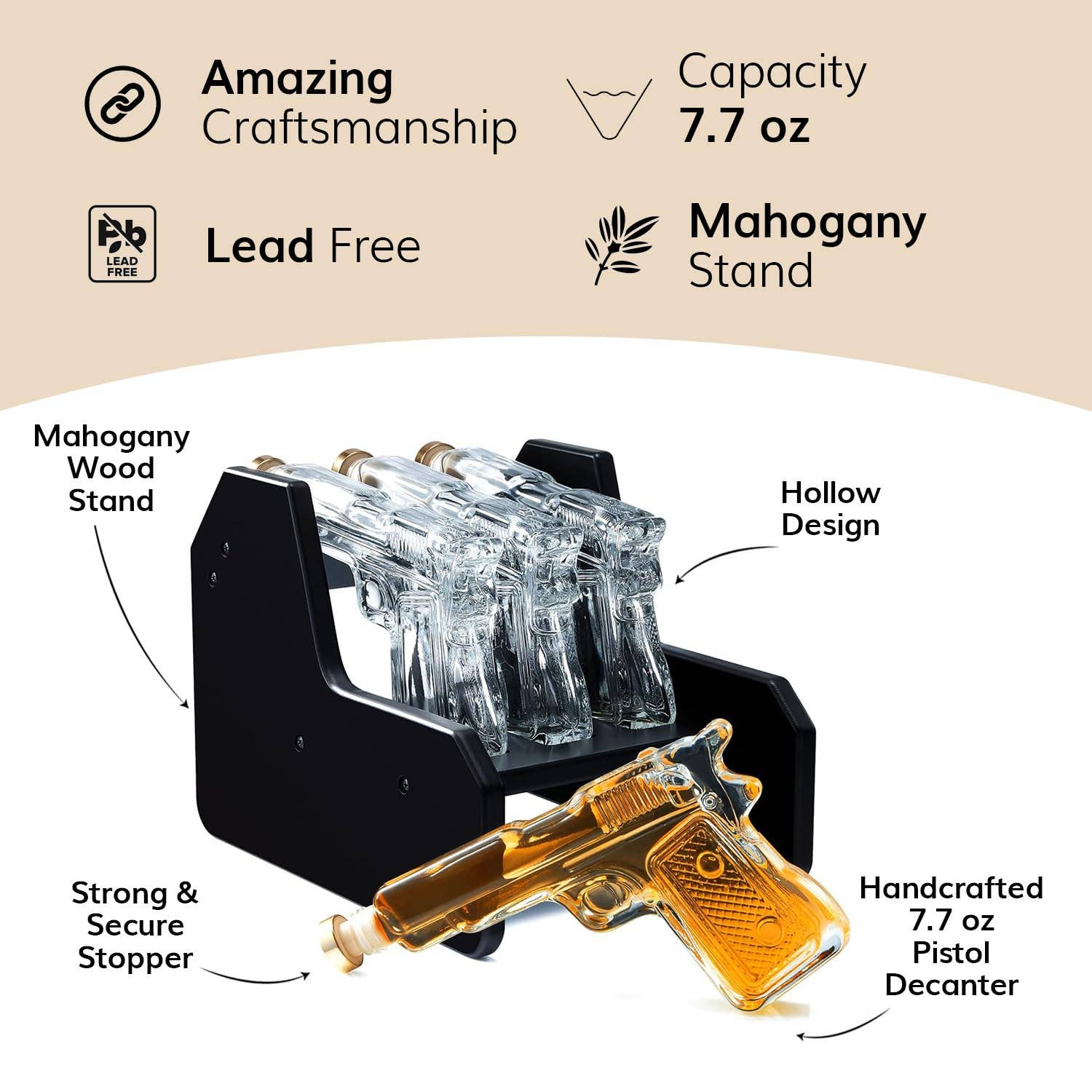 The Wine Savant /  Khen Glassware - Wholesale Decanter - Whiskey Decanter Set, 3 Pistol Gun & Wooden Stand, 7.7oz1