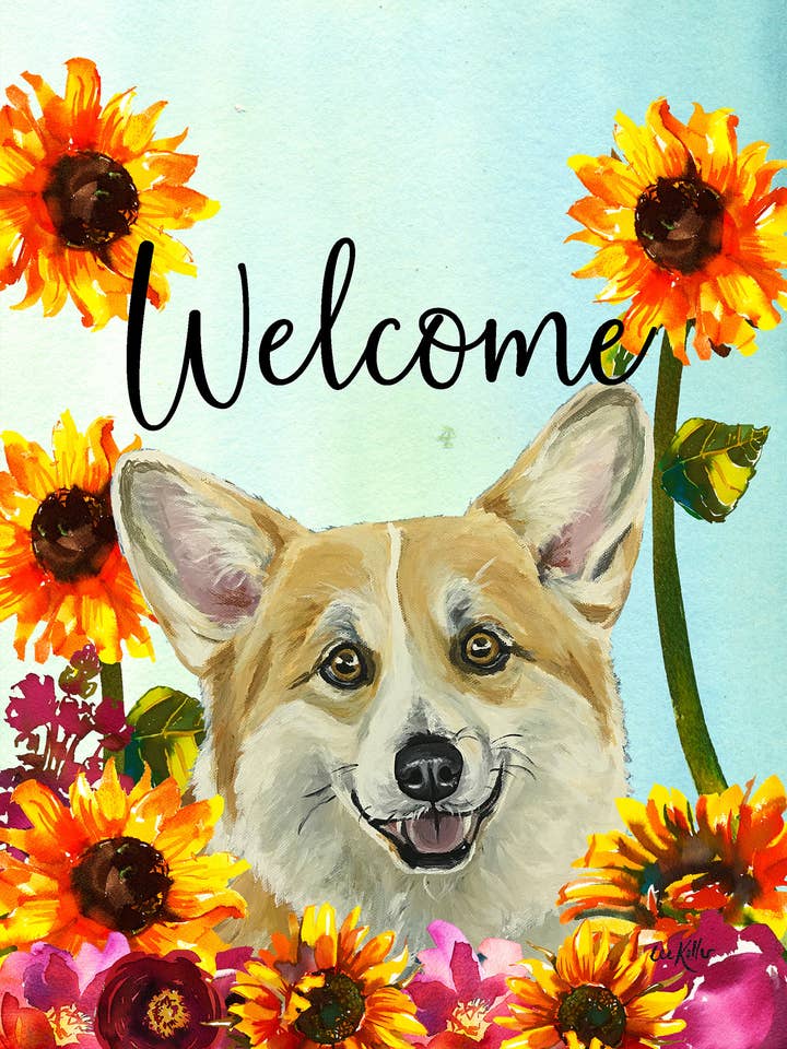 Corgi - Hippie Hound Studios Välkommen Trädgårdsflagga för wholesale av Best of Breed Products