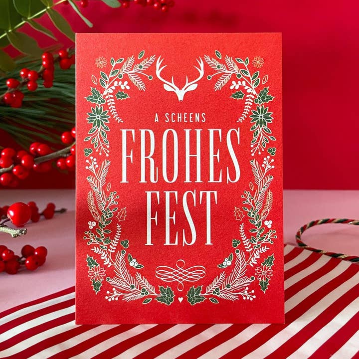 Cartolina di Natale bavarese Buone Feste, cervo, rosso per la vendita all'ingrosso da parte di Heimatformat