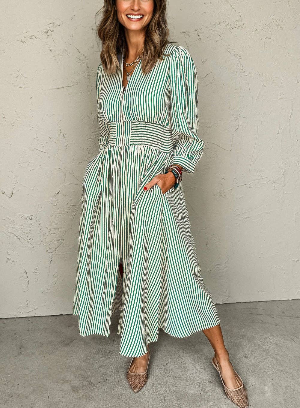 Lovesoft - Wholesale Dress - Women's - Green Stripe V Neck Zip Front Cinched High Waist Midi Dress1