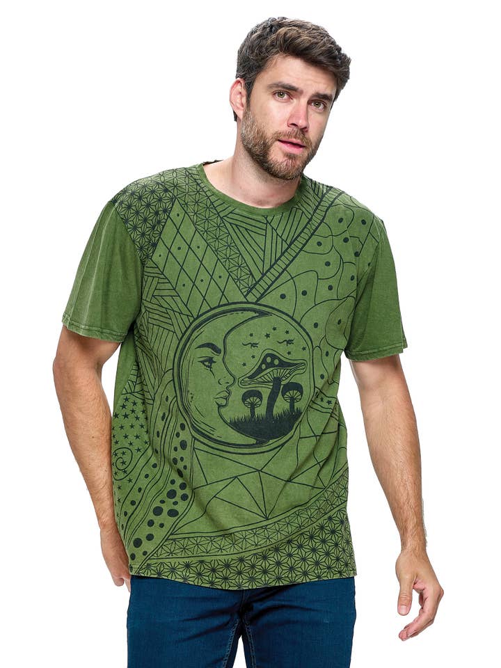 Yak & Yeti - Wholesale Screen Printed T-Shirt - Men's - SALE Men's T-Shirt Sacred Geometry Moon Mushrooms