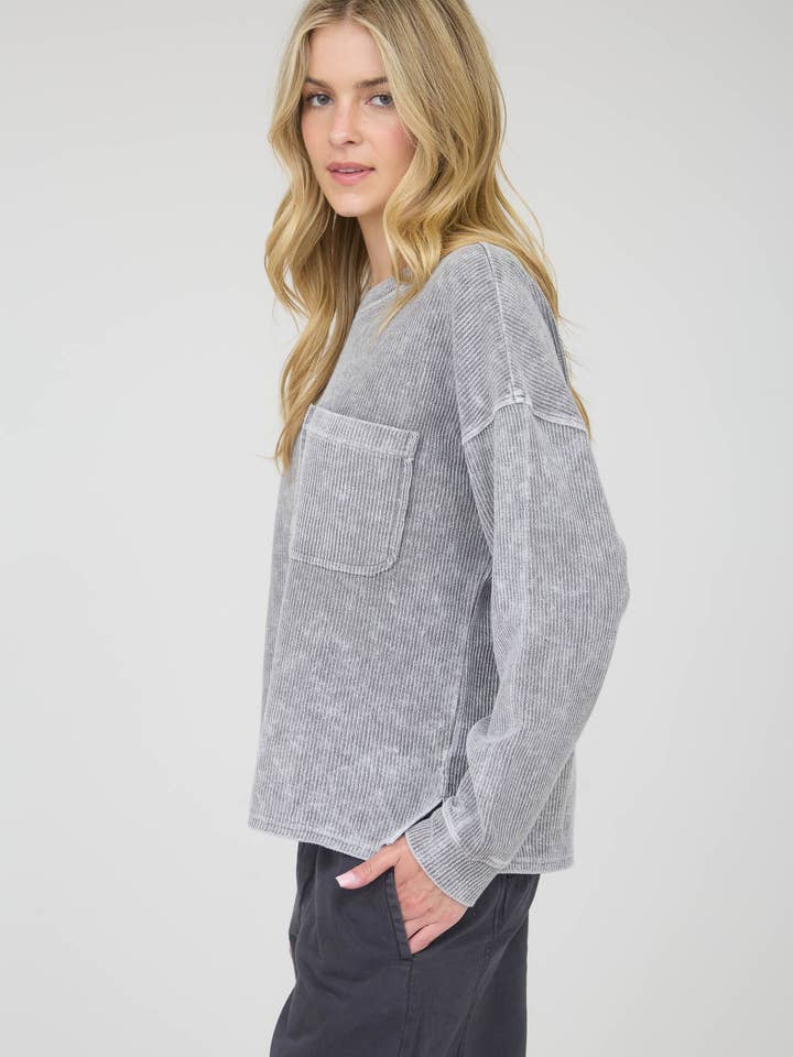 Blu Pepper - Wholesale Knit Top - Women's - WASHED POCKET DETAIL LONG SLEEVE RIB KNIT TOP8