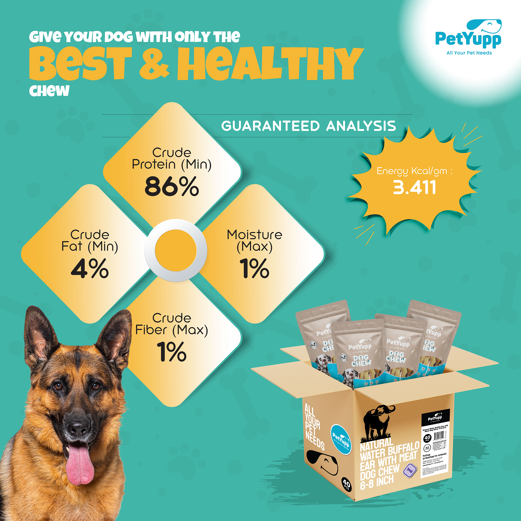 PetYupp - Wholesale Pet Treats - Dog - Dog Bulk Treats - Buffalo Ear with Meat - Pack of 40 pcs5