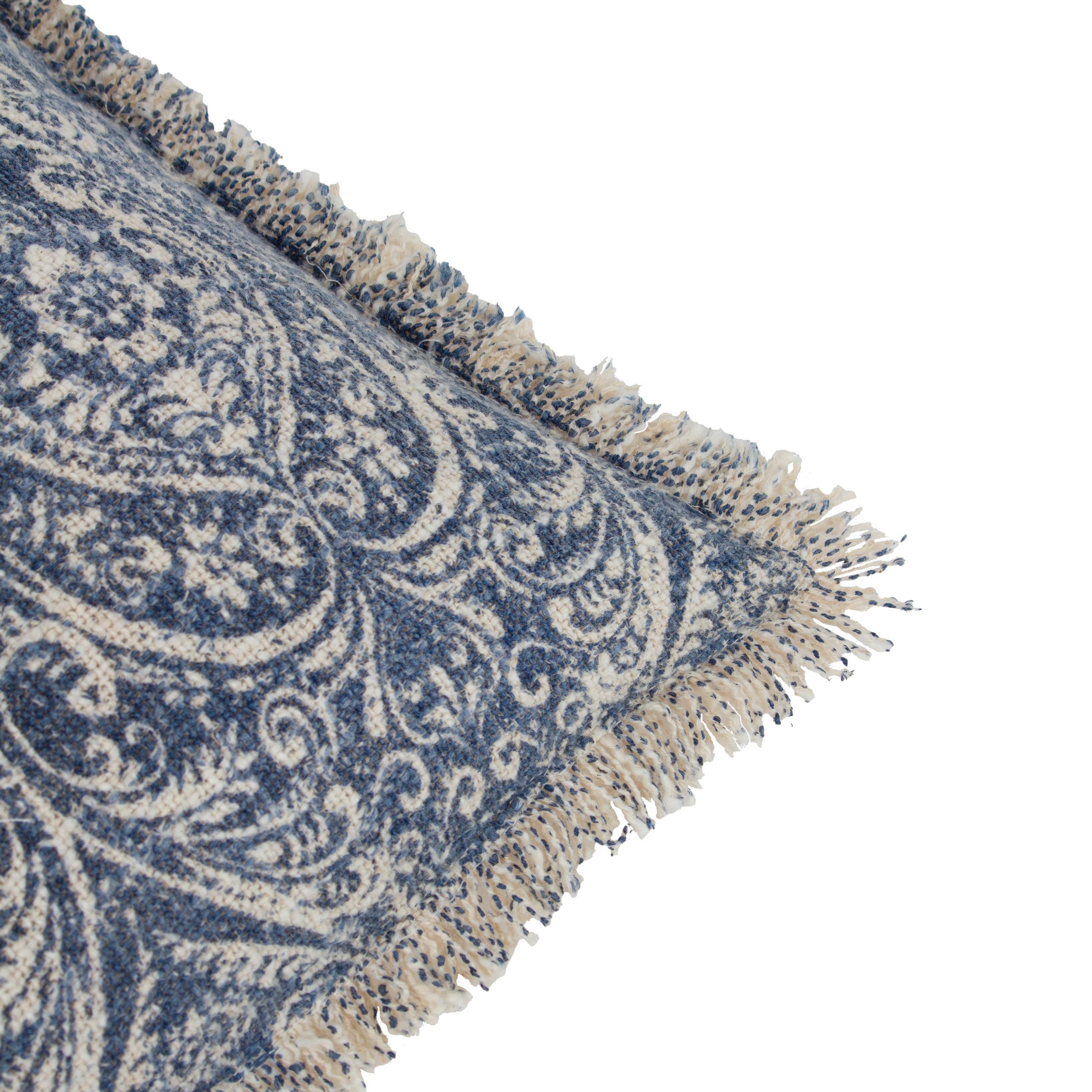 Durelle Damask Fringed Cushion Delph Blue for wholesale on Faire5
