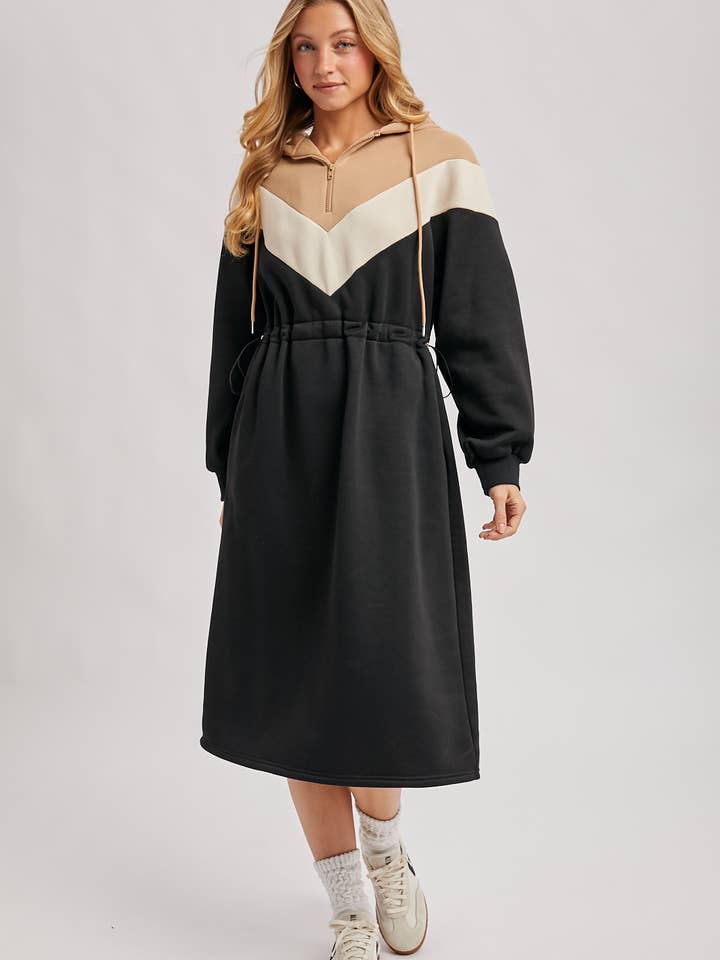 Bluivy - Wholesale Dress - Women's - CHEVRON COLOR BLOCK MIDI HOODIE DRESS0
