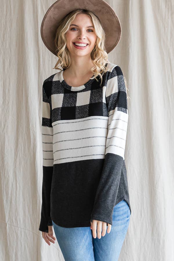 7th Ray - Wholesale Knit Top - Women's - Cozy Color Block Plaid Striped Thumbhole Pullover TopT4423-17
