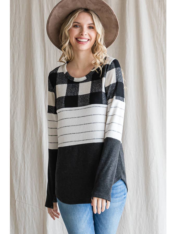 7th Ray - Wholesale Knit Top - Women's - Cozy Color Block Plaid Striped Thumbhole Pullover TopT4423-17