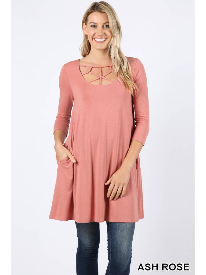 42POPS - Wholesale Tunic - Women's - ",..3/4 Sleeve Criss Cross Detail Pocket Tunic6