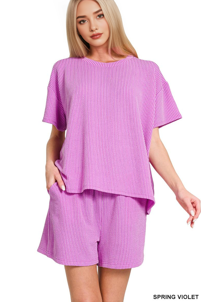 42POPS – Engroshandel Loungesæt - Dame – .Corded Rib T-shirt & Shorts 2-delt Sæt2