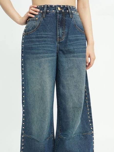 Pantalon en denim ample à jambes larges avec clous_FBE26A pour la vente par MEBON