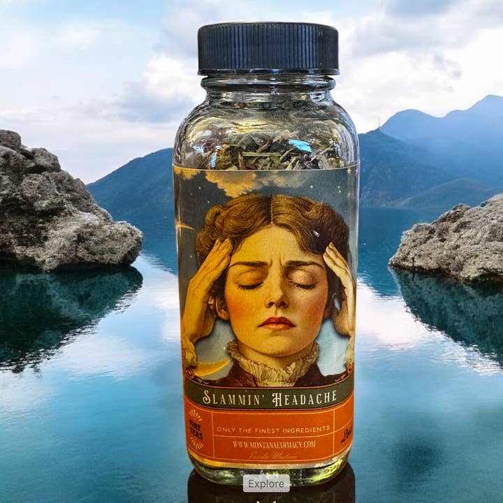 Montana Farmacy - Wholesale Loose tea - Slammin' Headache Loose Leaf Tea glass jar supports head pai4