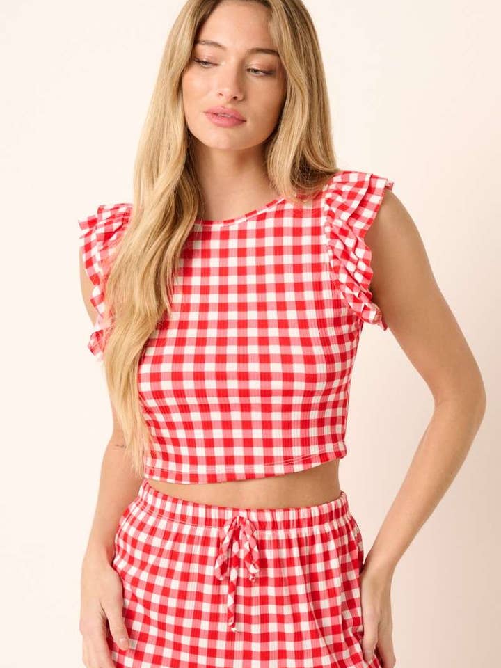 T10322 - CROP-TOP MIT GINGHAM-RÜSCHENDETAIL für den Großhandel von mittoshop
