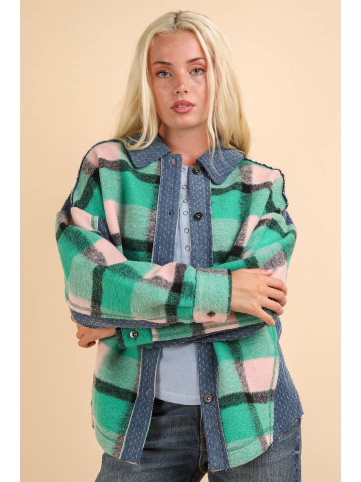 VERY J - Wholesale Shirt Jacket/Shacket - Women's - NJ90305-Textured Denim Contrast Plaid Shacket Jacket